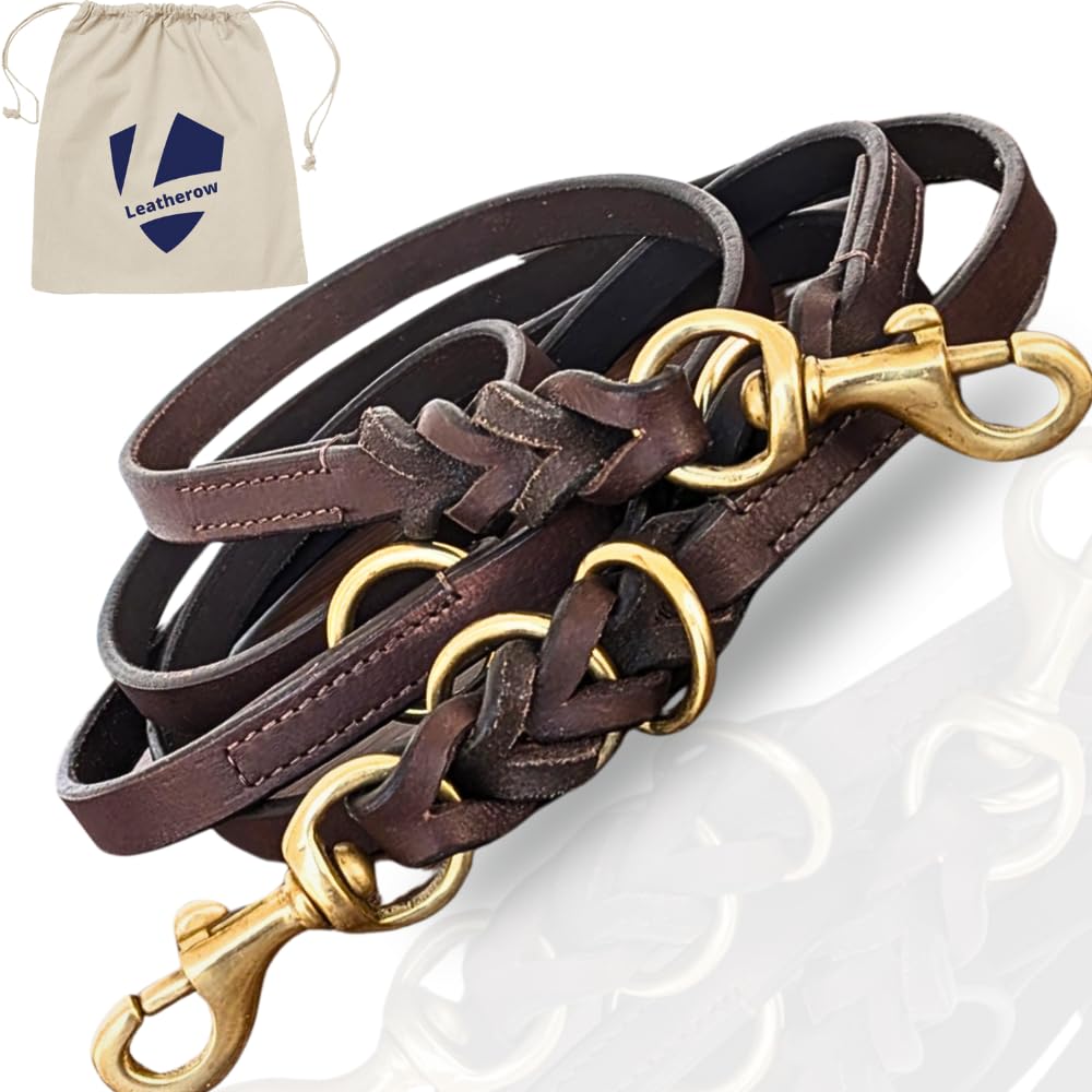 Leatherow Multi Function 8ft Leather Dog Leash Genuine Leather Leash Hands Free Leash Dog Training Leash for Small Medium and Large Dogs (Dark Brown 8 Ft)